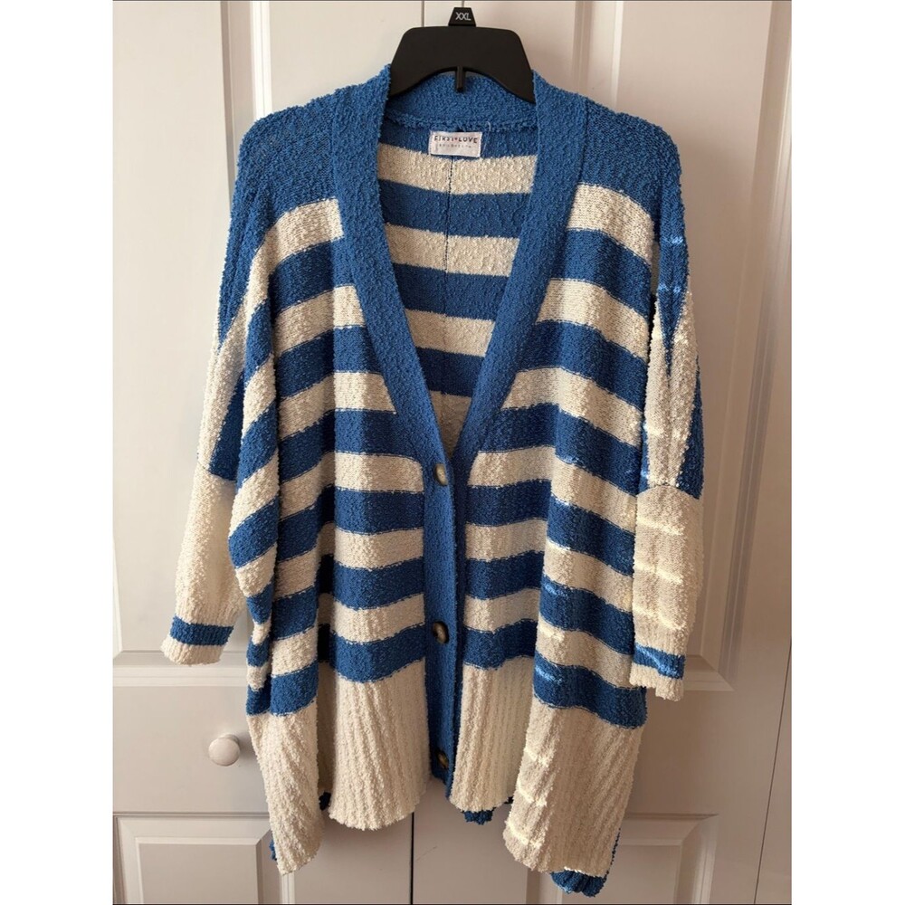 First Love Cozy Striped Oversized Cardigan Sweater Blue & Cream Size XL - Picture 3 of 4